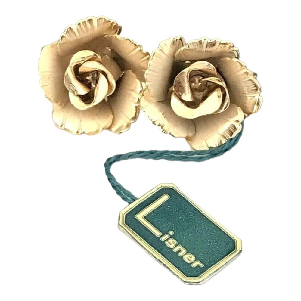 Vintage 1950s Lisner Clip Earrings Floral Rose Gold Tone Original Tag - 1F